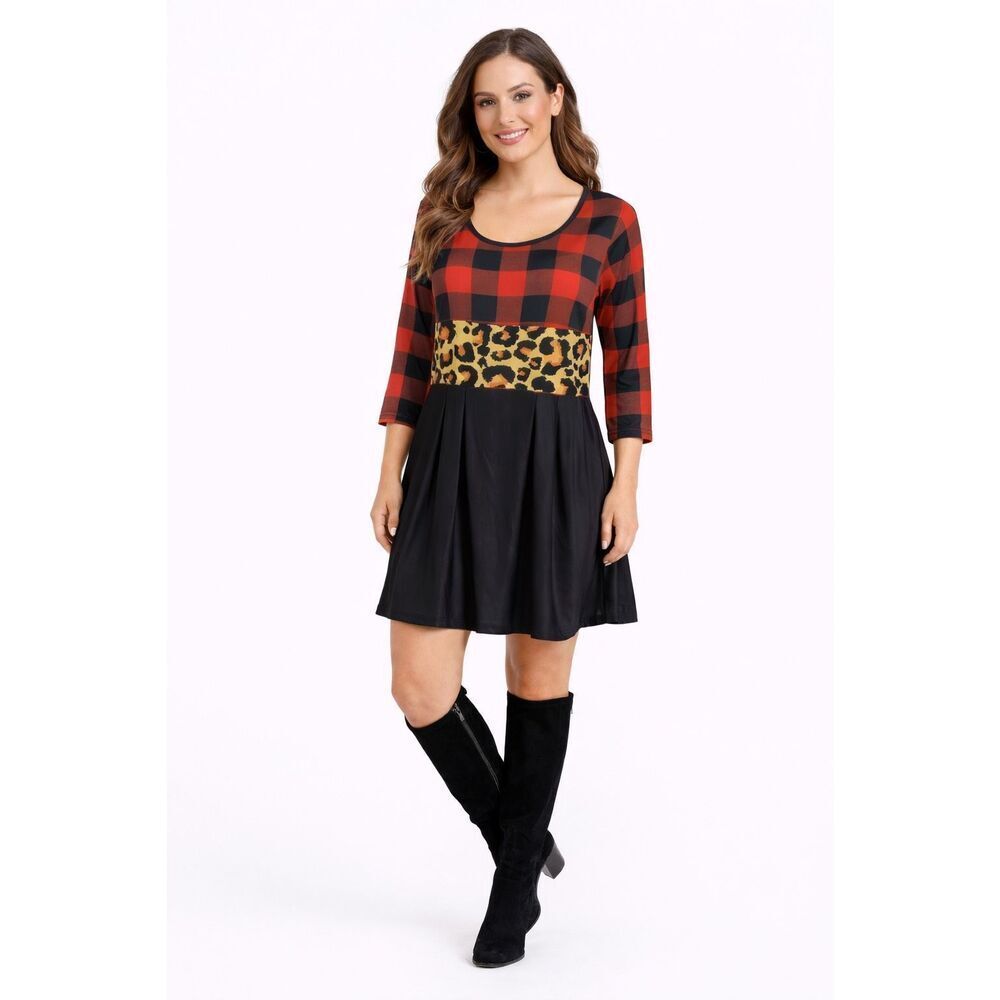 Lily by Firmiana Buffalo Plaid Leopard Colorblock Tunic Dress Medium NWT